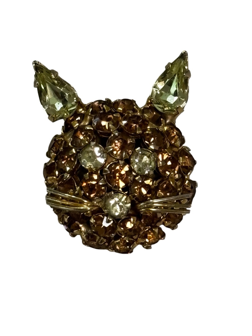 Vintage Joseph Warner Cat Face Brooch Amber Brown Gold Tone Figural Pin Costume